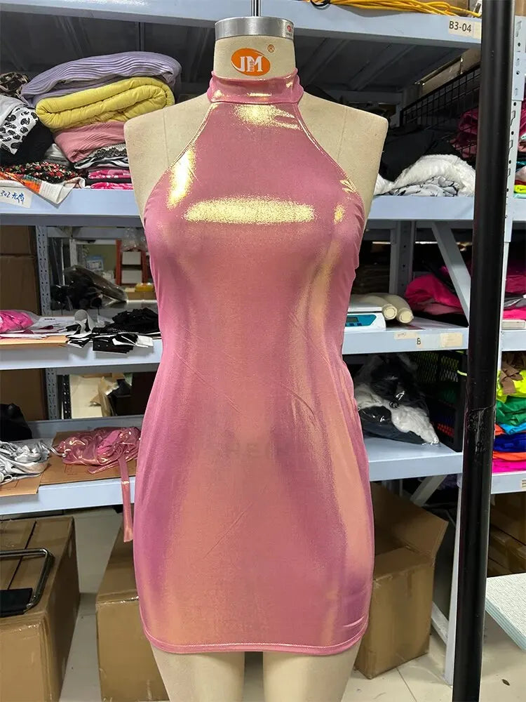 Bright and Sexy Buttocks Wrapped Tight Skirt Night Club Spicy Girl Hanging Neck Suspender Skirt