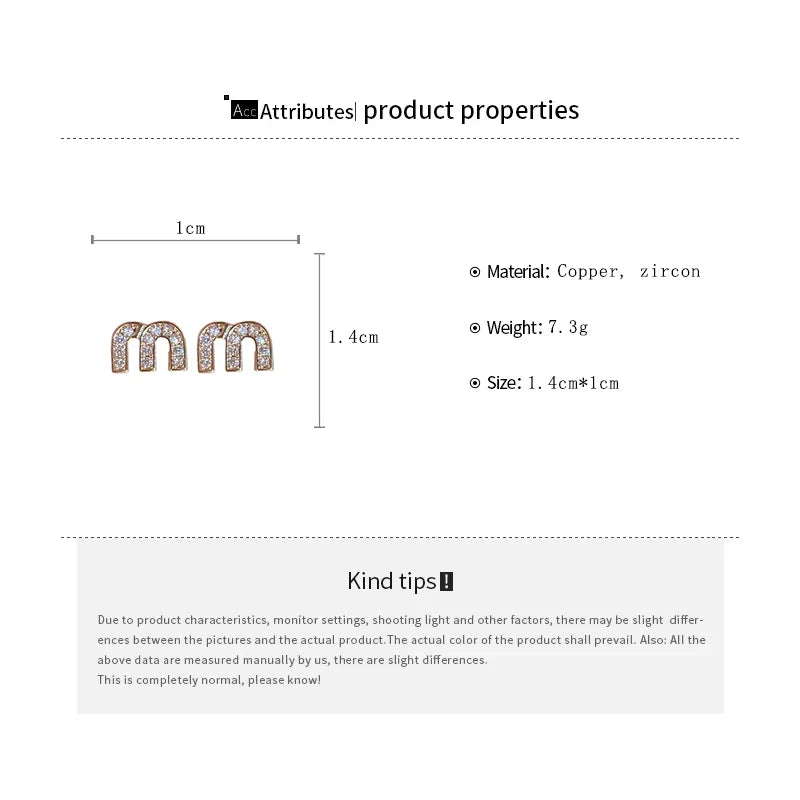 Double-sided Zircon Dripping M Letter Light Luxury High-end Hoop Earrings French Personality DesignTemperament Earring K