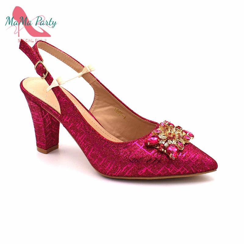 Fuchsia Color Italian Classics Design African Women Shoes and Bag Set High Quality with Shinning Crystal for Wedding Party