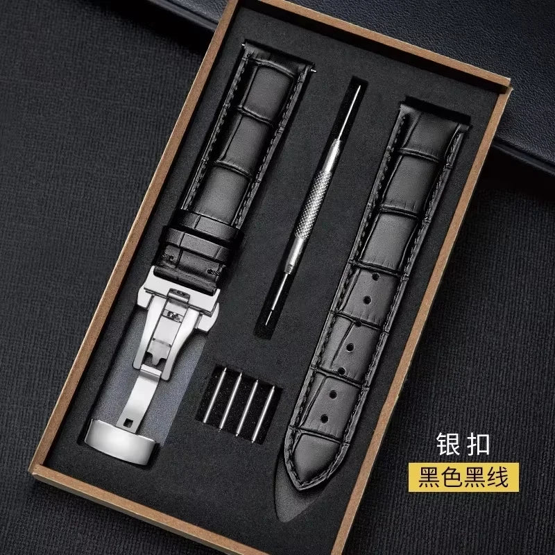 18mm 20mm 22mm Watch Band with Wooden Box Butterfly Clasp Watchband Replacement Genuine Leather Strap Bracelet Watch Accessories