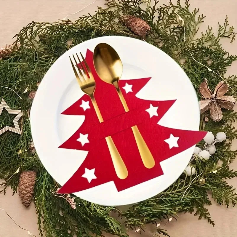 12Pcs Christmas Tree Shaped Felt Cutlery Mats With Stars Decor Durable For Home Christmas Festive Party Table Decor Accessories