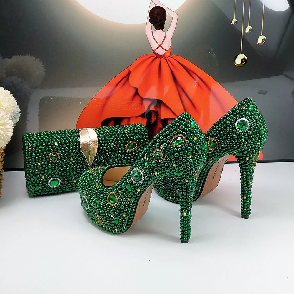 Fashion New Arrival Green Pearl Bridal Shoes and Bag Set Woman Party Dress Shoes Big Size Ankle Strap Buckle Shoes High Pumps