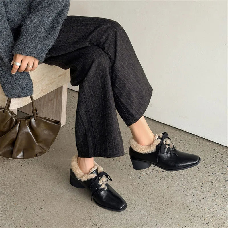 2026 New Autumn Winter Split Leather Women Shoes Fashion Retro Square Toe Shoes for Women Handmade Mid Heels Warm Women Pumps