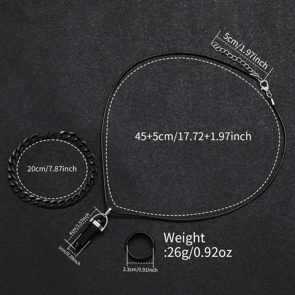 4PCS Retro Men Watch Jewelry Set Leather Strap Calendar Quartz Wristwatch Ring Necklace Bracelet Relogio Masculino（Without Box）