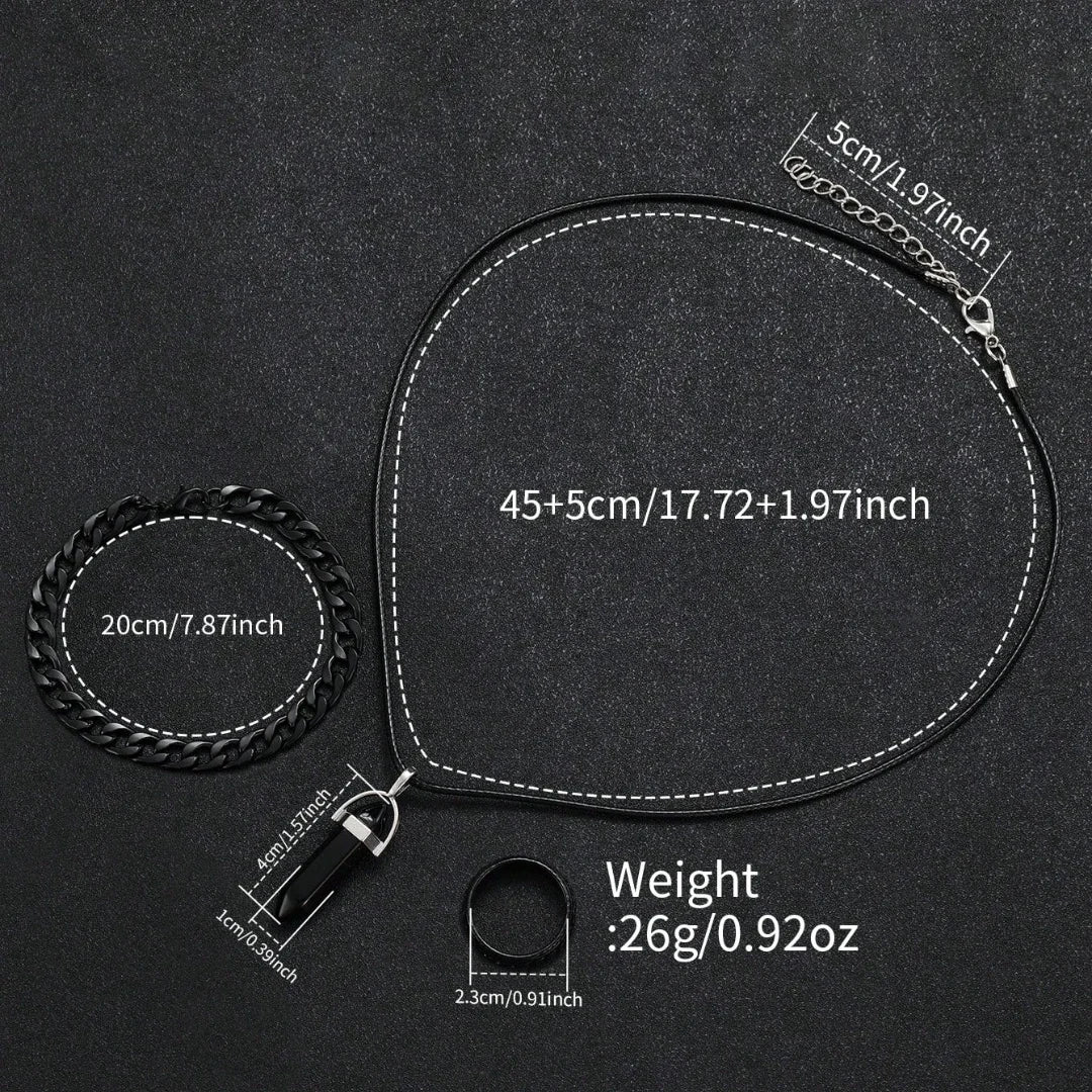 4PCS Retro Men Watch Jewelry Set Leather Strap Calendar Quartz Wristwatch Ring Necklace Bracelet Relogio Masculino（Without Box）