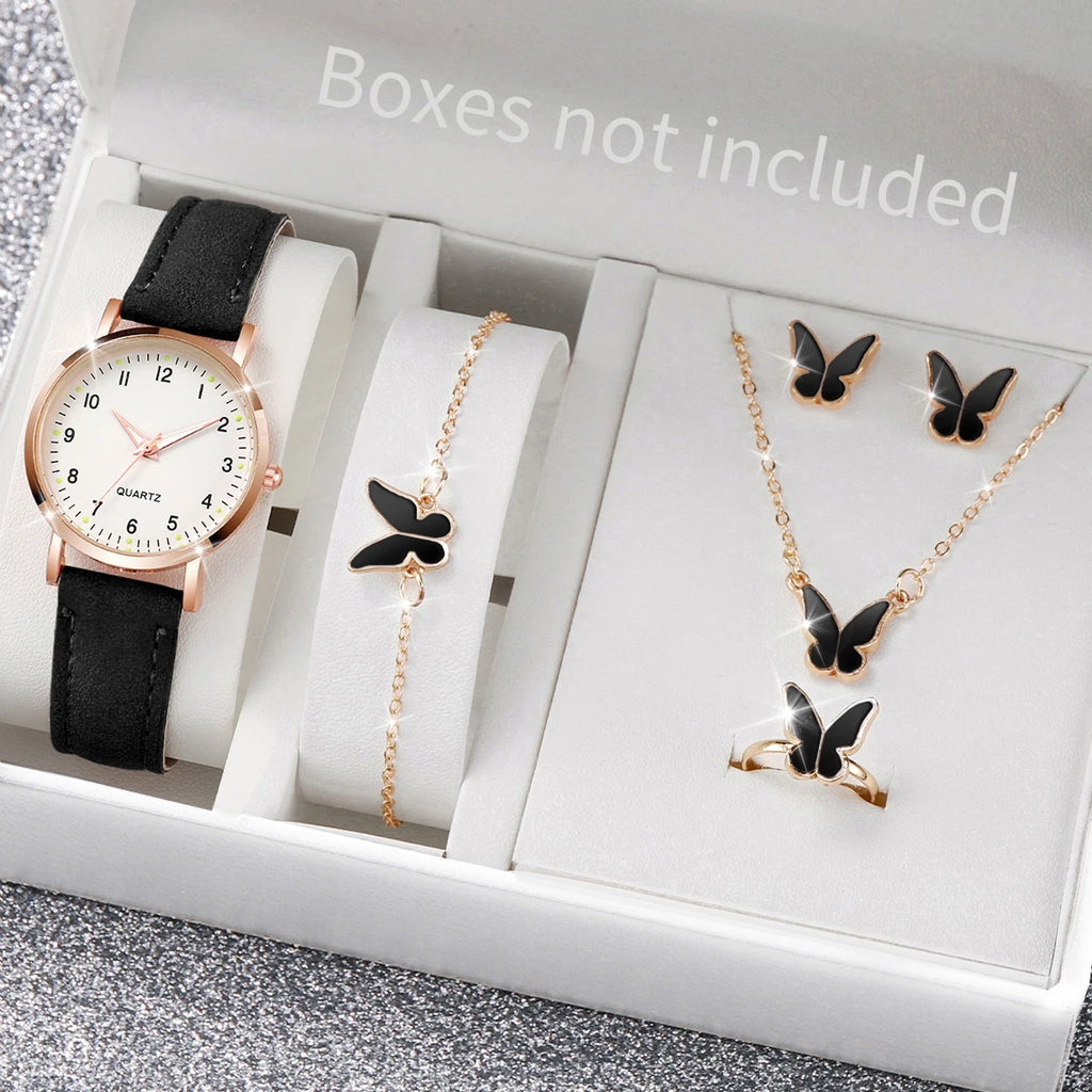 6PCS Women's Watch Fashion Arabic Dial Leather Band Quartz Watches Butterfly Jewelry Set（Without Box）