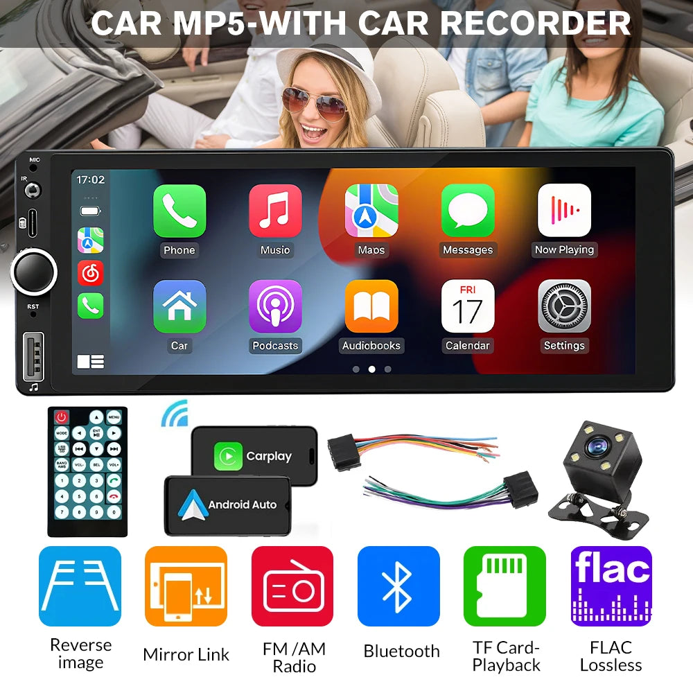 6.86 Inch Double Din Car Stereo Wireless Carplay Android Auto Car MP5 Player Touch Screen Car Radio with Type-C USB FM RDS Bluetooth Steering Wheel Control Rear View Camera
