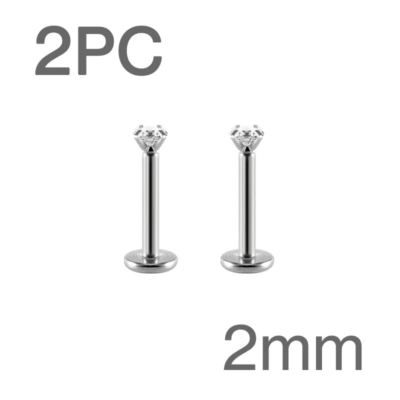 Surgical Steel CZ Flat Back Labret Stud 16G 6mm 8mm Internally Threaded for Cartilage Helix Tragus Lip Hypoallergenic Piercing