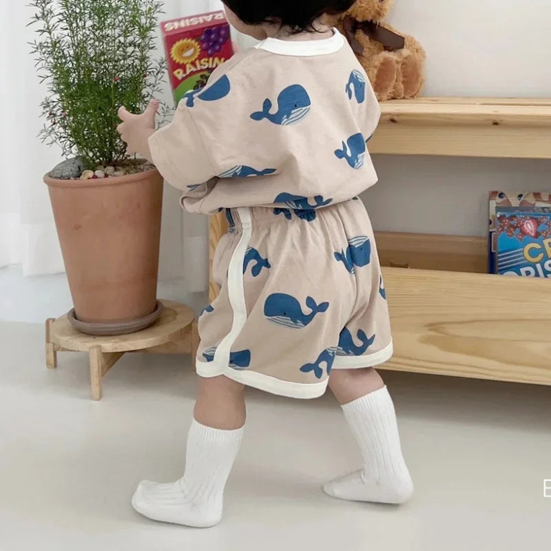 Summer Baby Boy 2PCS Clothes Set Cute Cartoon Bear Printed Tees Cotton Shorts Suit Ins Toddler Boys Breathable Outfits