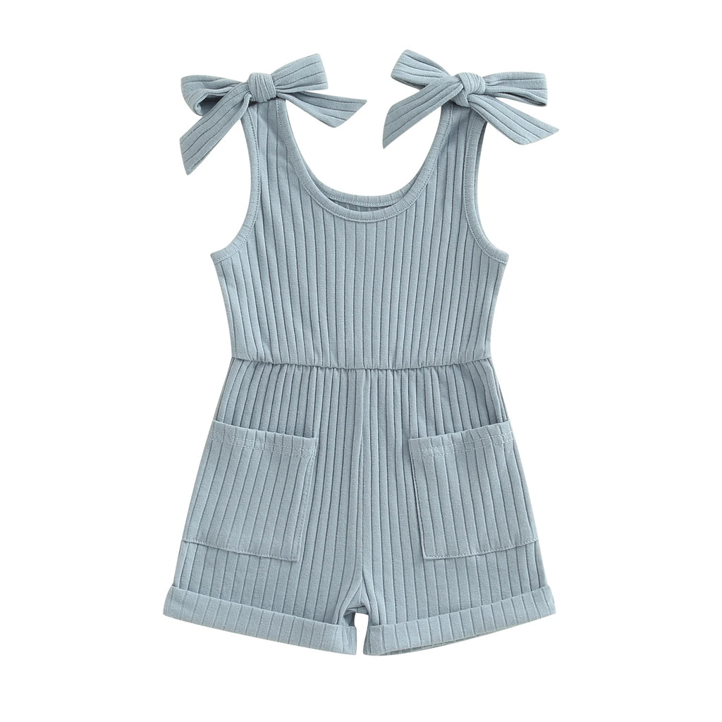 Pudcoco Toddler Kids Baby Girls Sleeveless Romper Solid Color Ribbed Bodysuit Summer Clothes with Pockets 6M-4T