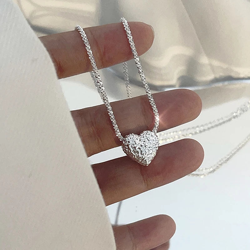 New 925 Sterling Silver Girls Hammer Pattern Love Necklace Simple Heart Shaped Pendant Women's Gift Boutique Jewelry NK153