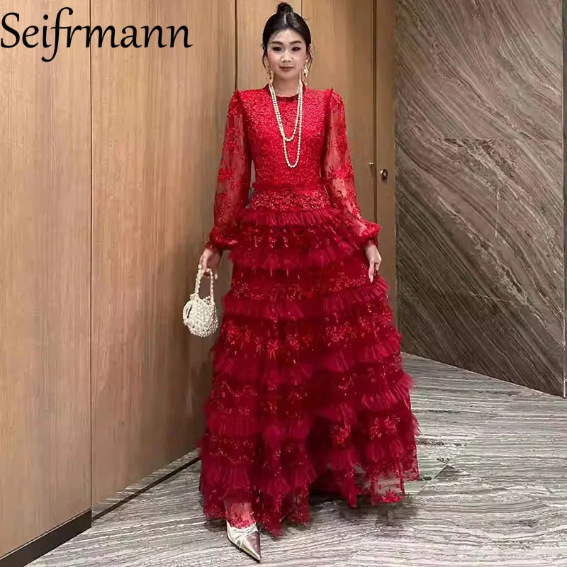 Seifrmann 2026 Spring Women's New Fashionable Round Neck Long Sleeve Mesh Embroidered Waist cinching Long Dress