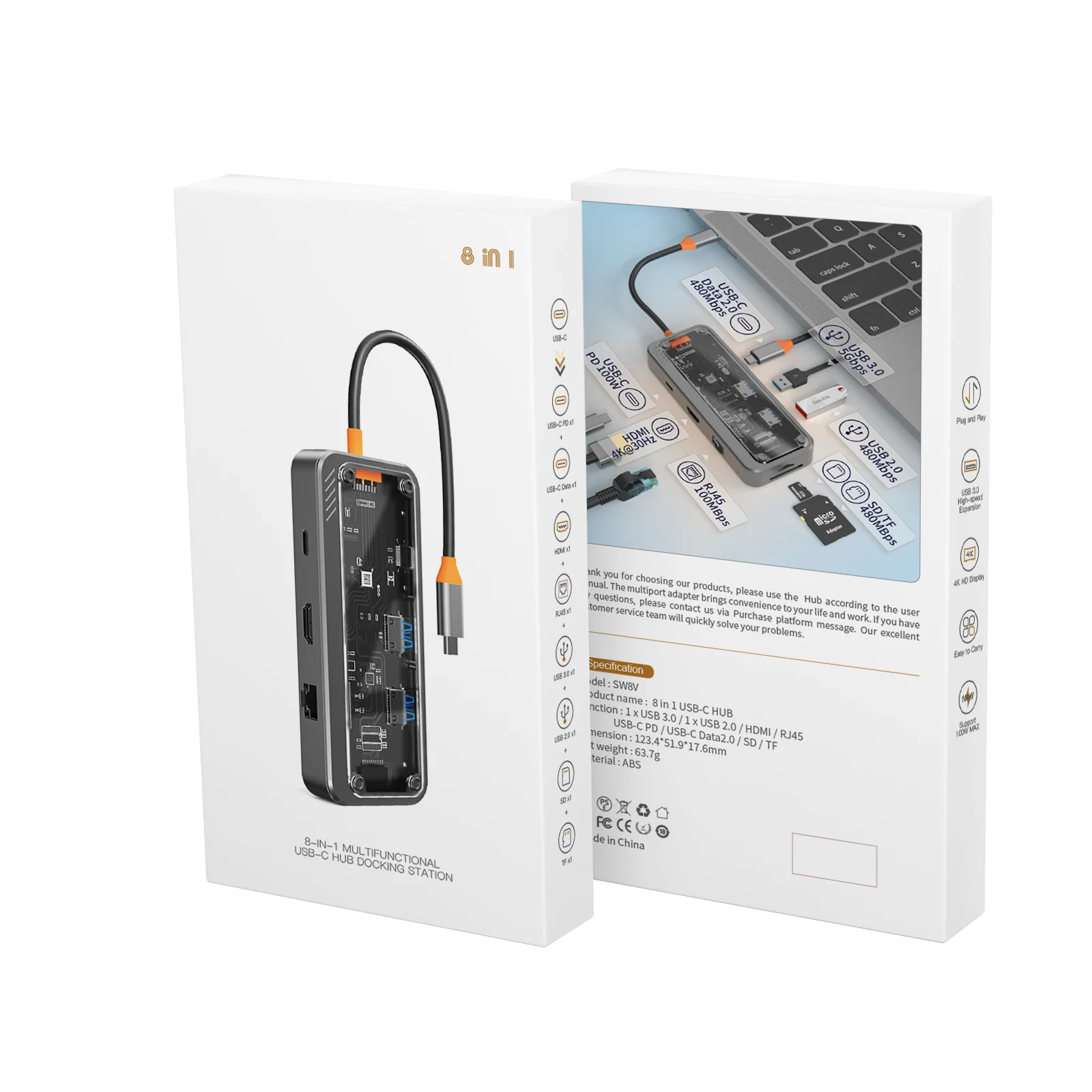 Basix USB C Hub Type C to Ethernet Port PD 100W Adapter for Macbook Pro USB 3.0 Hub Laptop Tablet USB C Hub Docking Station