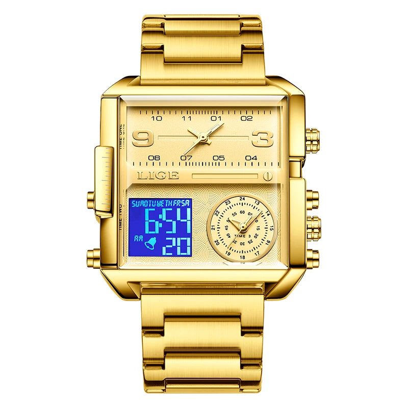 LIGE Luxury Original Men Sports Wrist Watch Gold Quartz Steel Waterproof Dual Display Clock Watches For Men Relogio Masculino