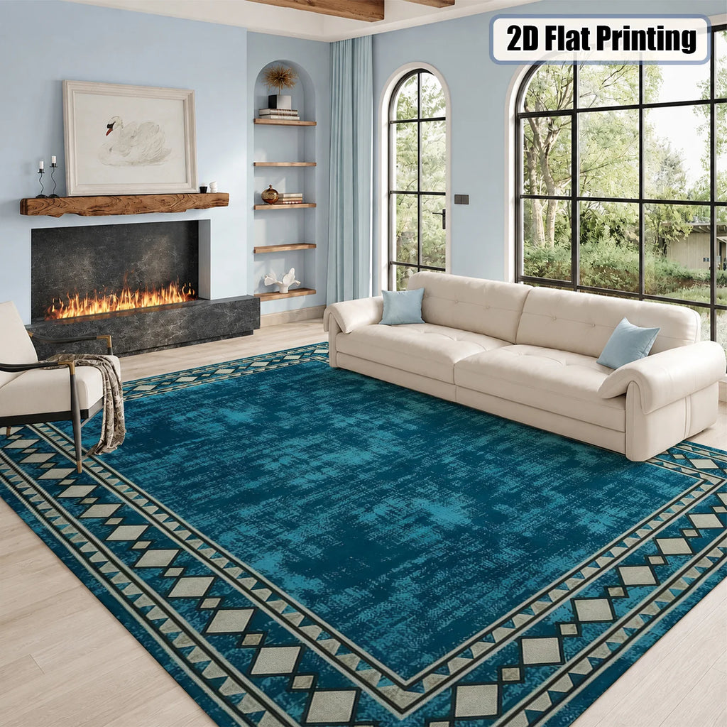Large Indoor Area Rug, Soft Velvet Low Pile with Non-Slip Dotted Backing, Machine Washable Teal Tribal Geometric Border Rug for Living Room and Bedroom
