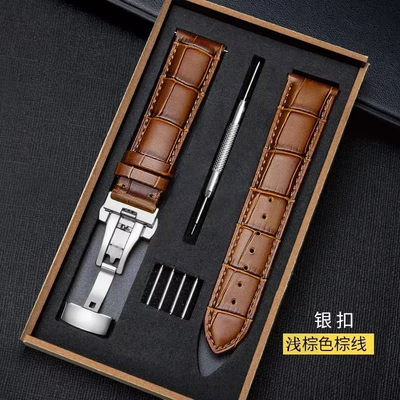 18mm 20mm 22mm Watch Band with Wooden Box Butterfly Clasp Watchband Replacement Genuine Leather Strap Bracelet Watch Accessories