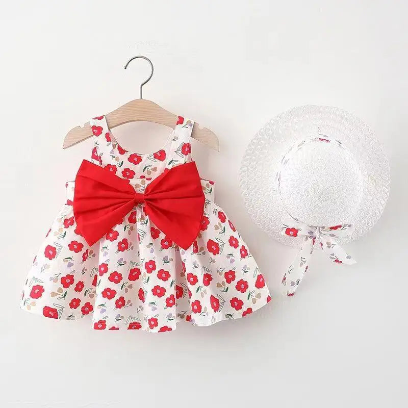 0-3-Year-Old Baby Clothes Summer Seaside Vacation Children's Dress Floral Sleeveless Bow Girl Princess Dress+Hat
