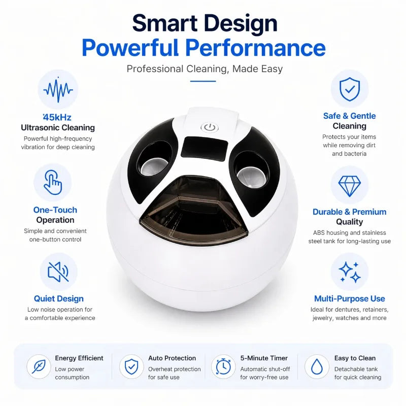 Dental Cleaning Pod 45kHz Ultrasonic Retainer UV Cleaner Machine Digital Timer 2 Modes 200ML Capacity for Dentures Mouth Guards