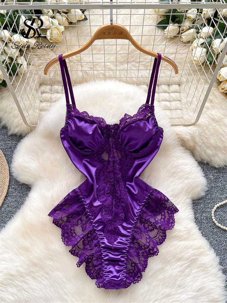 SINGREINY Satin Erotic Bodysuits 2025 Fashion Strap Backless Slim Rompers Nightwear Lace Spliced Sheer Sexy Playsuits