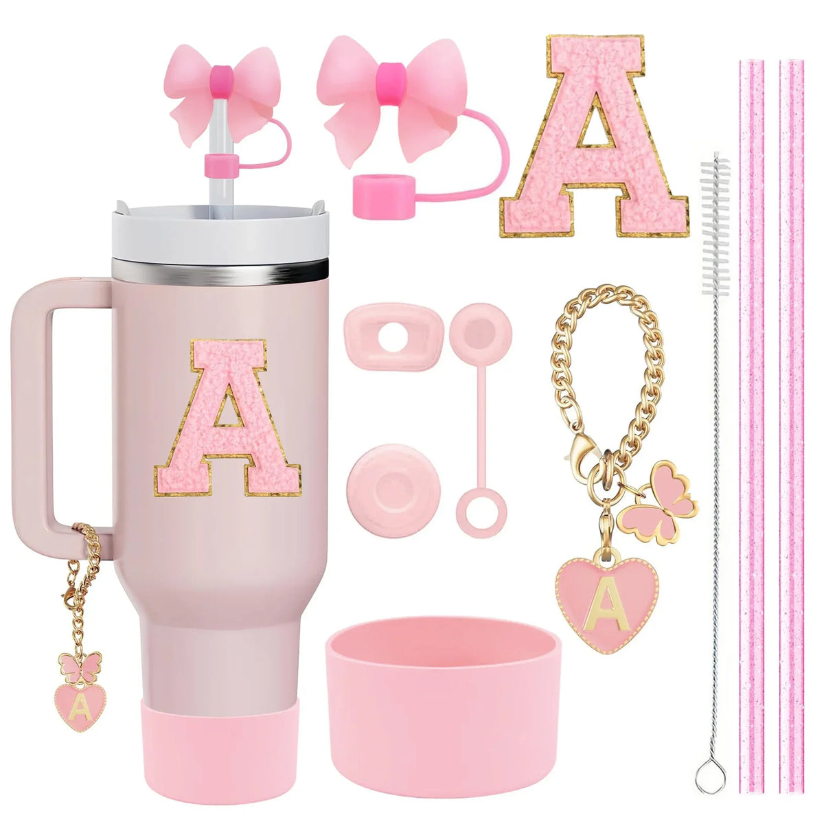 10PCS Accessories Set for Stanley Cup, 2 Straw and Brush and 1 Flower Charm Chain 3 Spill Proof Stopper Flowers Straw Cover Boot