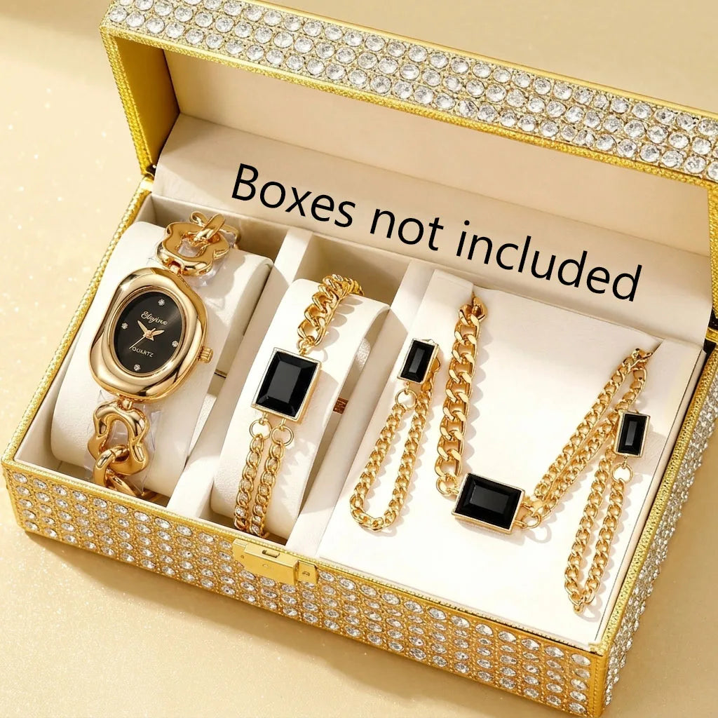 5PCS Fashion Irregular Women Quartz Watch Jewelry Set Elegant Chain Bracelet Rhinestone Ladies Wristwatch  (Without Box）