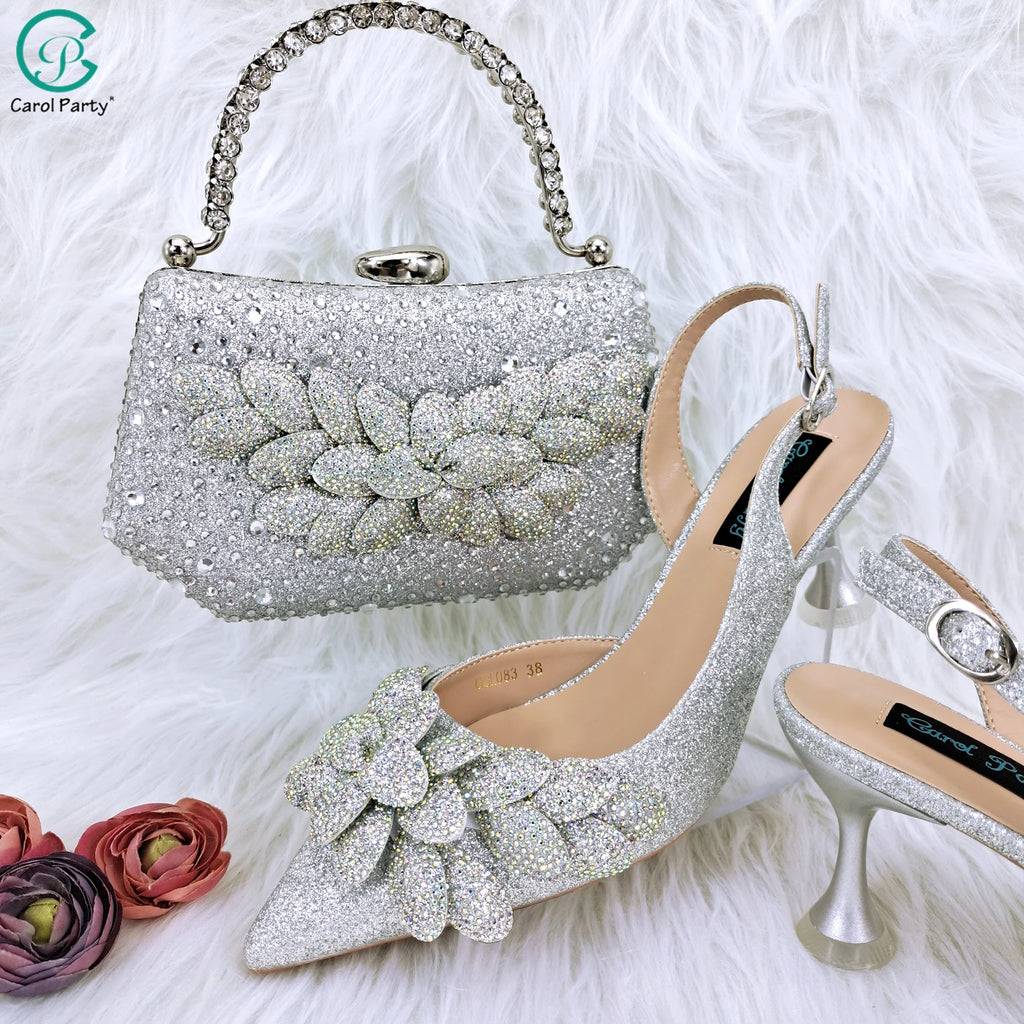 New Sky Blue Satin Handmade Flowers Shoes And Bag African Women's Banquet Pointed Toe Heels Matching Shoes And Bag Wedding Party