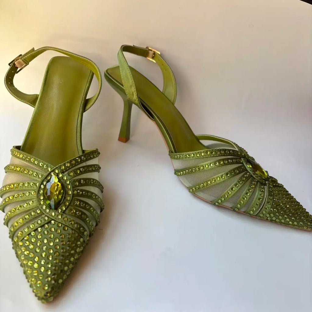 INSIGHTLINK Luxury Olive Green Rhinestones Women's Shoe and Bag Set for Party Wedding Crystals Heeled Pumps and Handbag Sandals