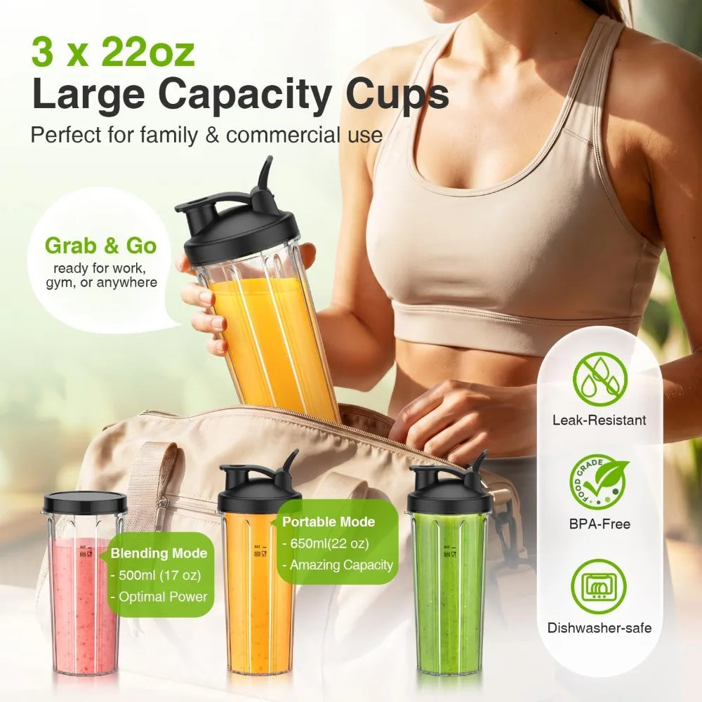 Personal Blender for Smoothies with 3x22oz To-Go Cups, 22000 RPM, Detachable Blade, Portable, Black