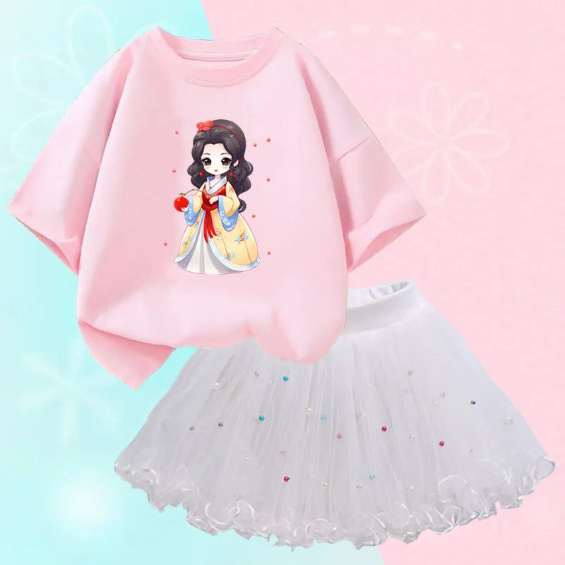 Summer Little Girls Clothing Cute Cat T Shirt& mesh Tutu Skirt Two Piece Set Fashion Korean Children Clothes Outfits 3-14years