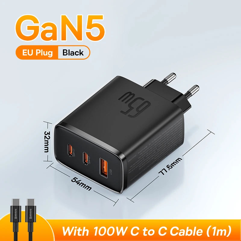 Baseus 65W GaN Charger PD Charge Type C USB Charger Support QC Portable Fast Charger For iPhone 17 16 15 14 13 12 Laptop Charger