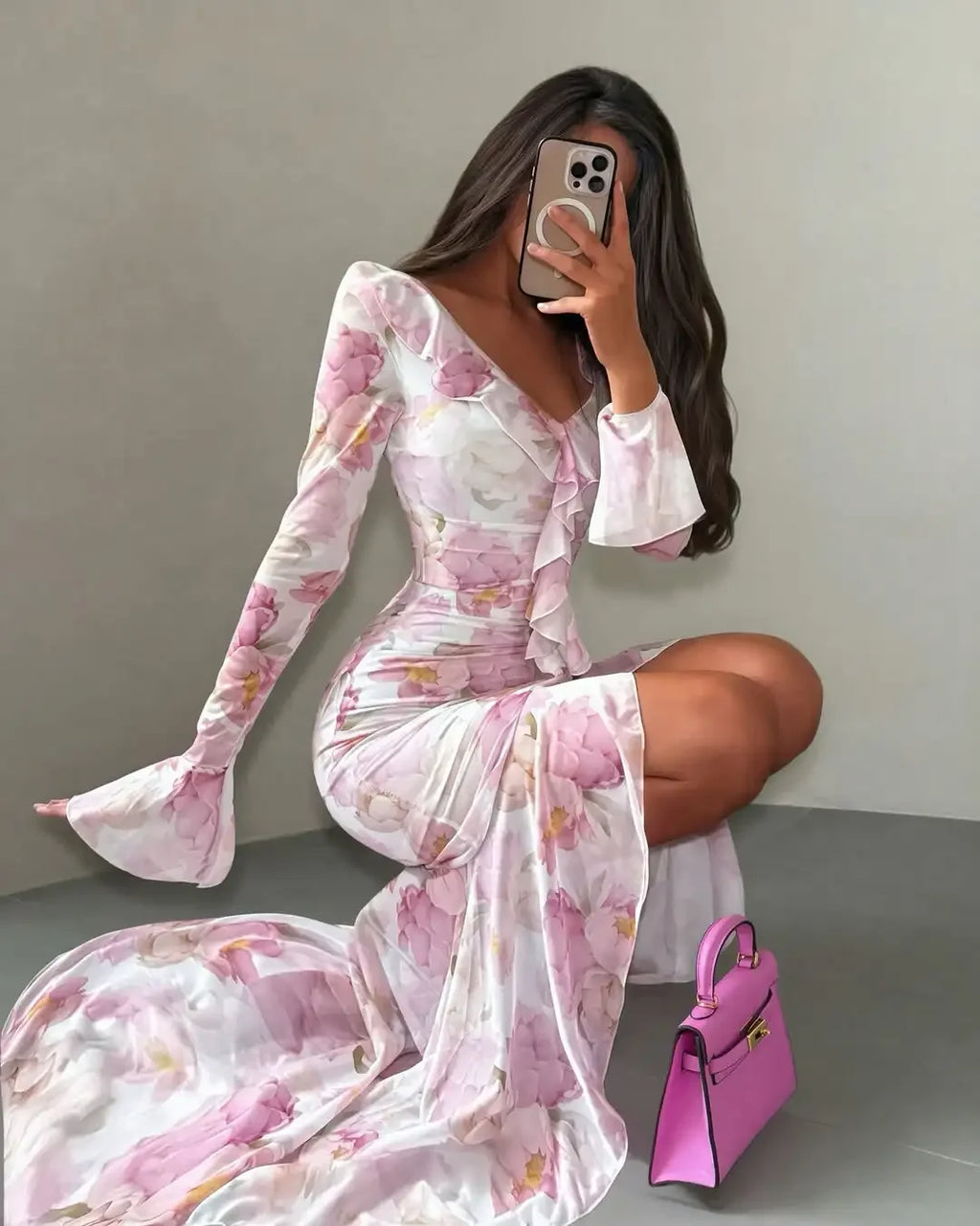 Pink Floral Print Maxi Dress V-neck Ruffle Trim Flare Women Sleeve Ruched High Slit Chiffon Dresses Elegant Evening Party Robe