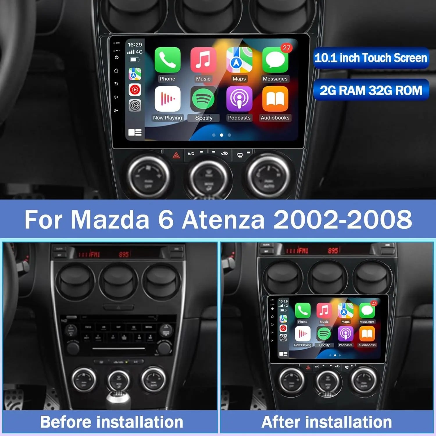 Car Radio for Mazda 6 Atenza 2002-2008, Car Stereo for Mazda 6 Atenza 2002 2003 2004 2005 2006 2007 2008 Build-in Carplay & Android Auto, with GPS Navigation, WiFi, Bluetooth, FM, 2G+32G