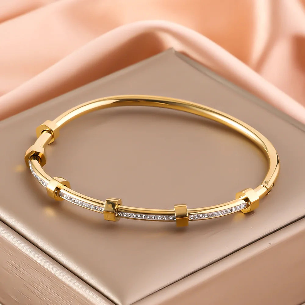 Trendy Round Cubic Zirconia Bangles For Women Men Gold Color Silver Color Stainless Steel Crystal Bangle Party Jewelry