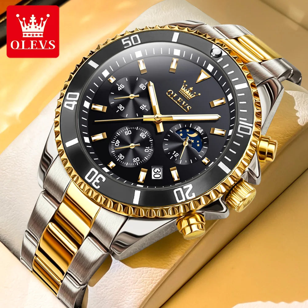 OLEVS 2870 Men's Watches Golden Stainless Steel Calendar Moon phase Chronograph 42.5mm Big Dial Men's Wristwatches Original