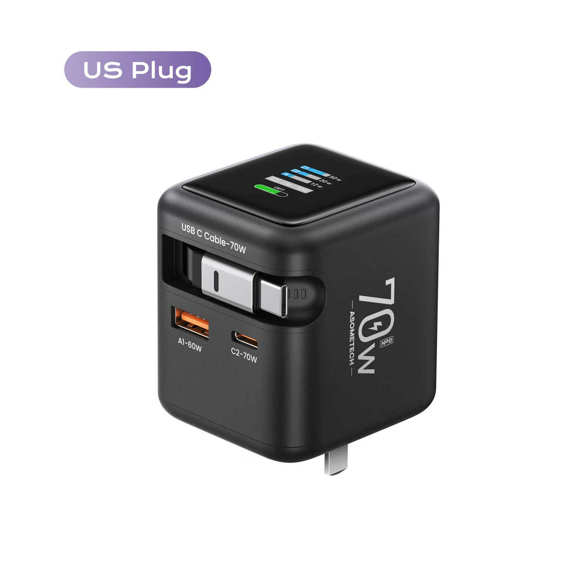 70W GaN Fast Charger with Type-C Retractable Cable 3 IN 1 PD3.0 QC4.0 PPS Fast Charging for IPhone 16 15 14 Xiaomi Tablet Laptop