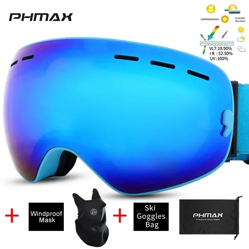 PHMAX Ski/Snowboard Goggles for Men Women, OTG Snow Goggles Anti Fog UV Protection Red Double Layers Lens Wide Vision Winter