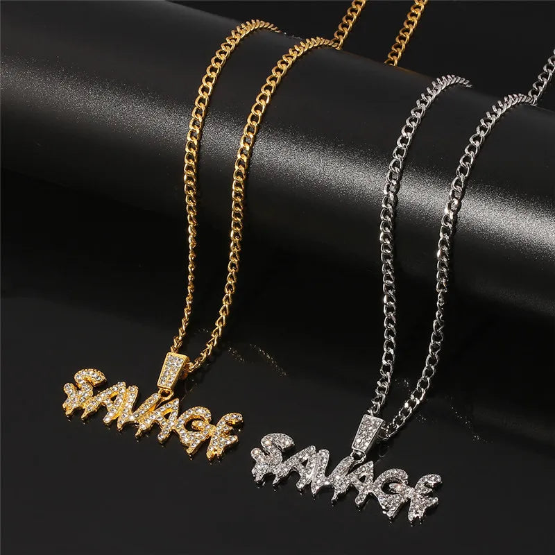 Bling Bling Savage Letter Necklace & Pendant Shiny Ice Out Link Chain Necklace With Tennis Chain Choker Hip Hop Jewelry for Men