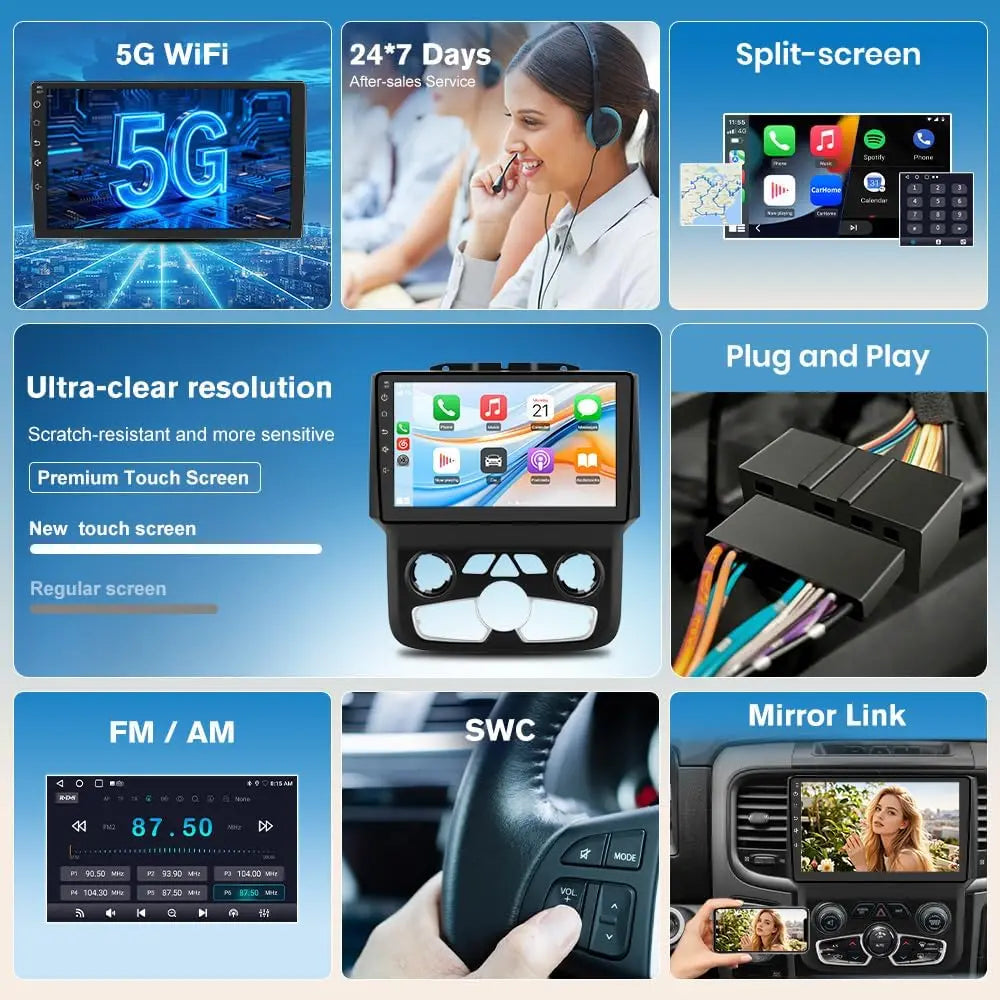 New Android 13 Touch Car Stereo Radio Multimedia Video Player GPS Navigation 5G WiFi Auto Radio For Dodge Ram 2013-2019 Wireless CarPlay Android Auto 9" HD IPS Display Support Cargo Rearview GPS DSP RDS BT AM/FM Auto AC 2GB+3
