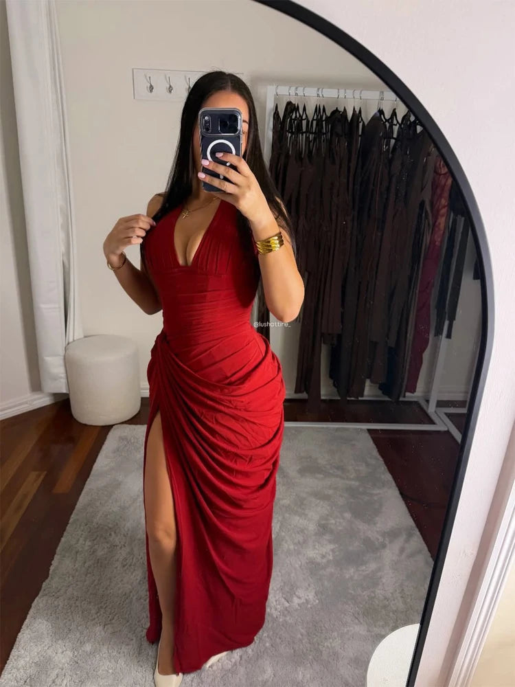 Sexy Solid Pleated Halter Women's Dress Fashion Sleeveless Backless Waist-cinching Split Maxi Dresses 2026 Summer Party Gowns