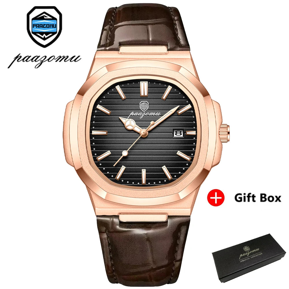 PAAZOMU Top Luxury Square Man Watch Date Waterproof Luminous Men Wristwatch High Quality Leather Men's Quartz Watches+Box Reloj