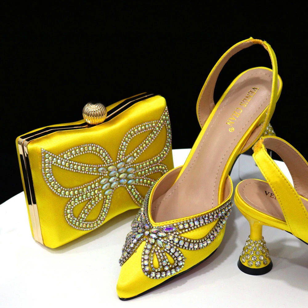 Venus Chan New Elegant Green Bling Bow Pointed Toe Pumps for Women 2024 Party italian Rhinestones shoes and bags matching set