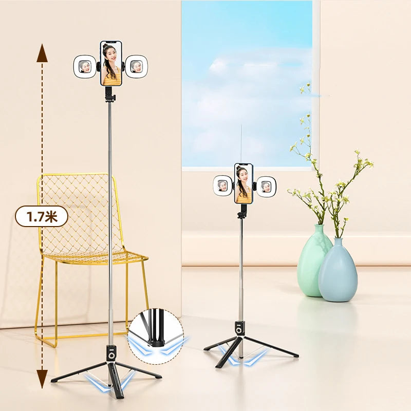 1.7m Extendable Live Tripod Selfie Stick Support LED Ring Dual Light Mirror Stand 4 in 1 Phone Mount for iPhone X 8 11 Android