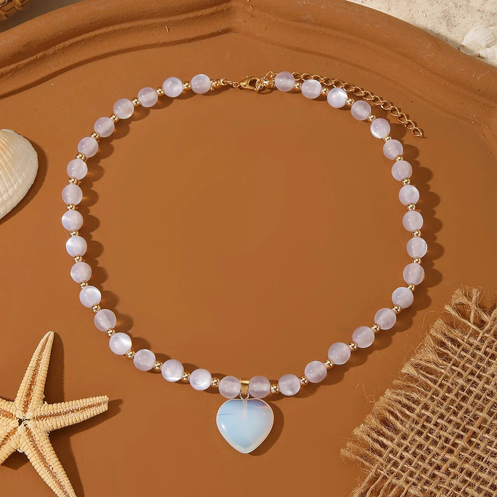 Fashion Ins Heart Stone Pendant Necklace for Women Bohemian CCB Beaded Necklace Jewelry Party Girlfriend Gifts