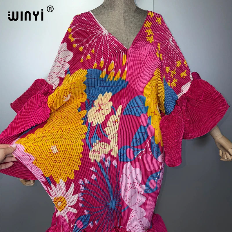 WINYI boho Pleated Elastic Slim Dress for Muslim Women Beach Cover up Kaftan Abaya Dubai Luxury Long down Holiday Evening Wear