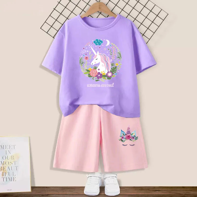 Girls Happy Cat Printed 2PC Outfit Set Summer Fashion Short Sleeve T-Shirt And Shorts Combo Cute Kids Clothing