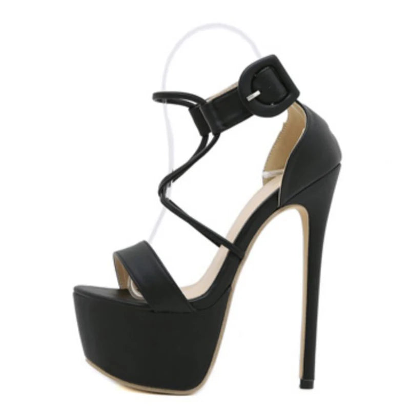 Aneikeh 2025 Sexy High Heel Women Shoes Open Toe PU Solid Ankle Buckle Strap Platform Sandals Ladies Nightclub Party Dress Pumps