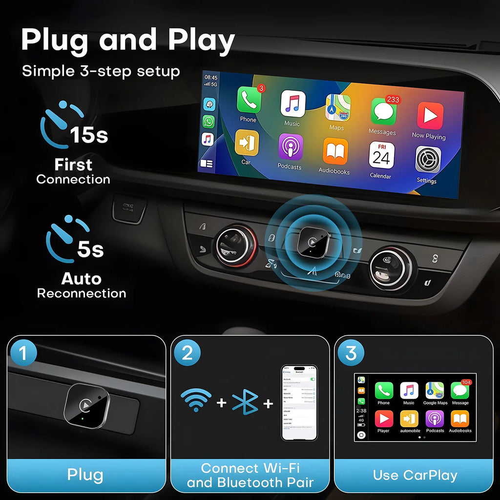 USB C Upgraded 2-in-1 Wireless CarPlay & Android Auto Adapter, Plug & Play Compatible with iPhone & Android Smartphones.