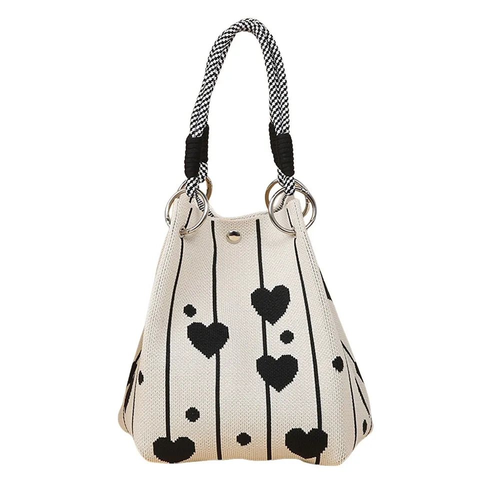 Cute Cartoon Knitted Bucket Bag Handmade Woven Ring Buckle Wrist Bag Large Capacity Tote Bag for Women Girls
