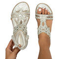 Elastic Band Sandals Women Casual Bohemian Crystal Floral Flat Beach Shoes Open Toe Low Heels PU Leather Ladies