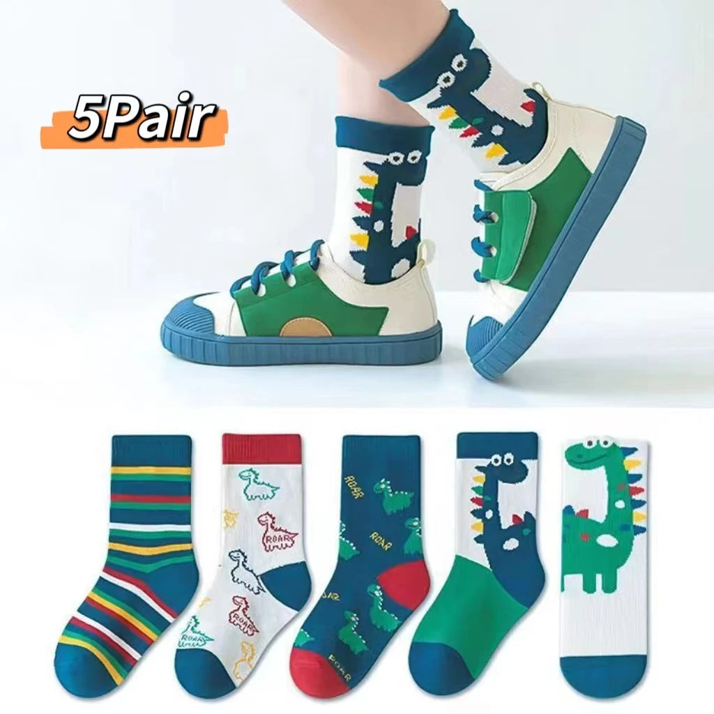 Children's Socks 5 Pairs Of Autumn And Winter New Mid-Calf Dinosaur Spring And Autumn Boys And Girls Baby Middle And Large Child